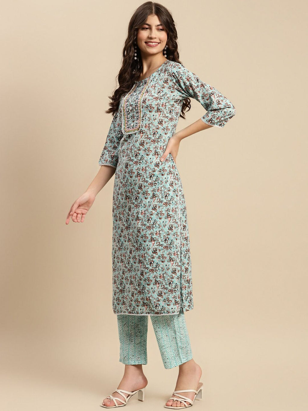 Sangria Sea Green & Brown Floral Printed Pure-Cotton Straight Kurta With Trouser & Dupatta | Grocsy