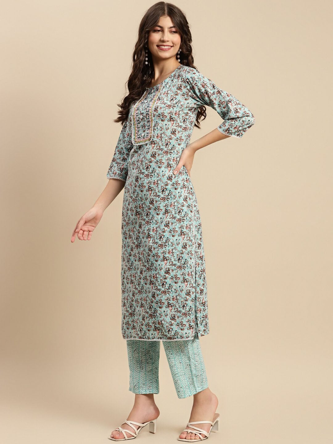 Sangria Sea Green & Brown Floral Printed Pure-Cotton Straight Kurta With Trouser & Dupatta | Grocsy