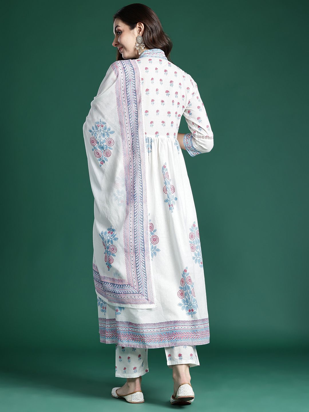 Indo Era Floral Printed Pure Cotton Kurta with Trousers & Dupatta | Grocsy