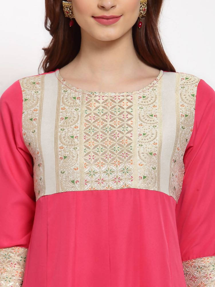 Myshka Women's Pink Solid Rayon 3/4 Sleeve Round Neck Casual Anarkali Kurta Dupatta Set | Grocsy