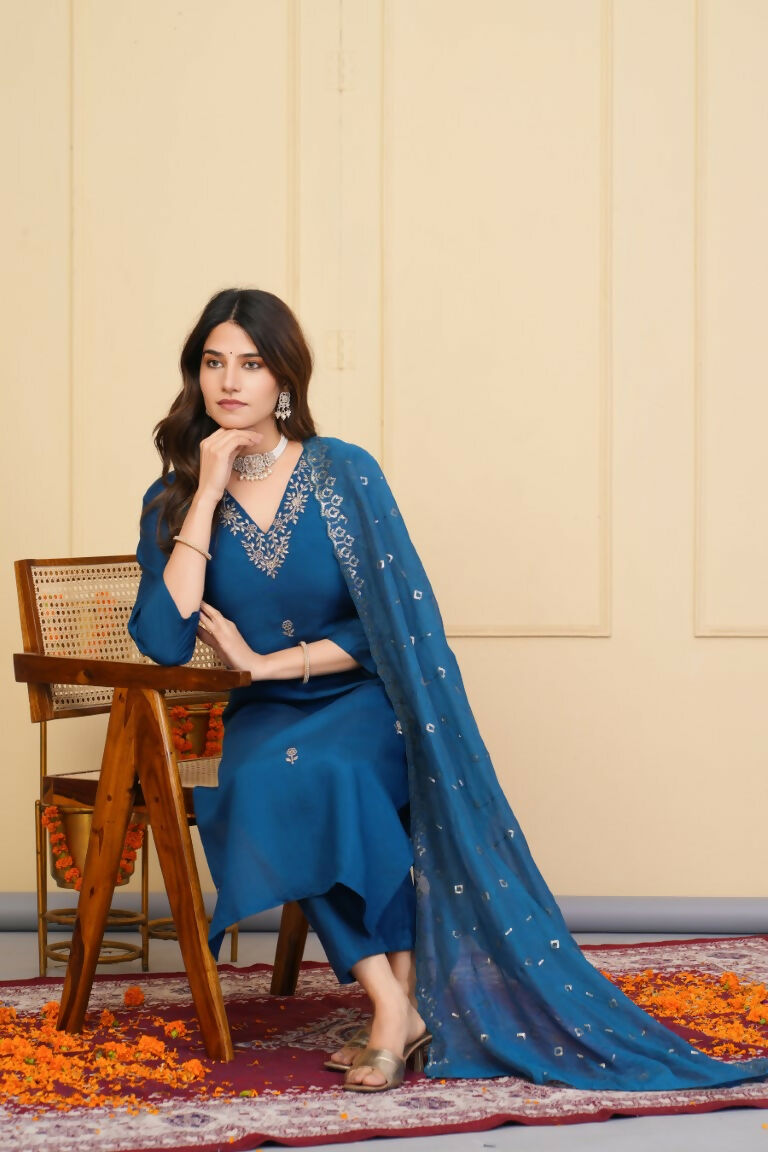 Rama Viscose Chanderi Embroidered Stitched Suit With Dupatta - Tanisha | Grocsy