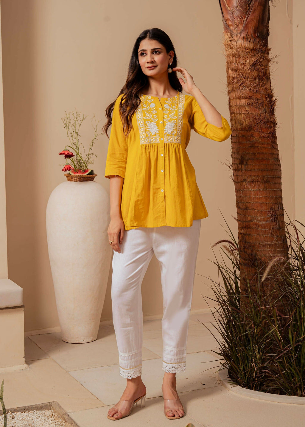Juniper Mustard Striped Cotton Tunic With Thread Work And Button Detailing | Grocsy