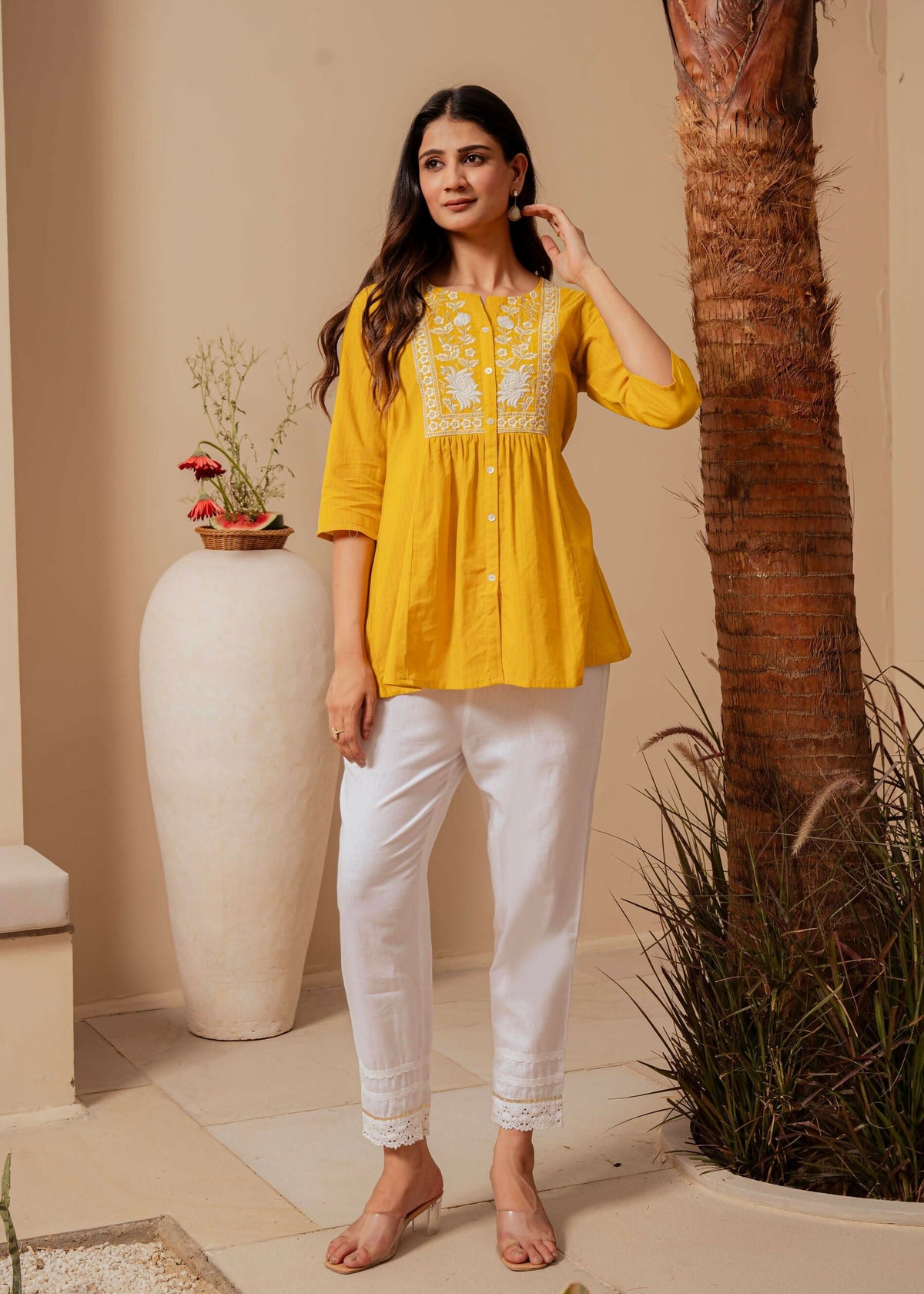 Juniper Mustard Striped Cotton Tunic With Thread Work And Button Detailing | Grocsy