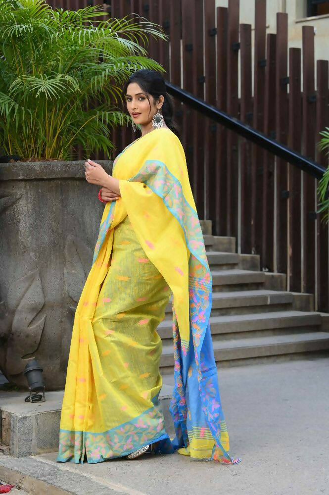Beatitude Yellow Slub Cotton Floral Jamdani Saree | Grocsy