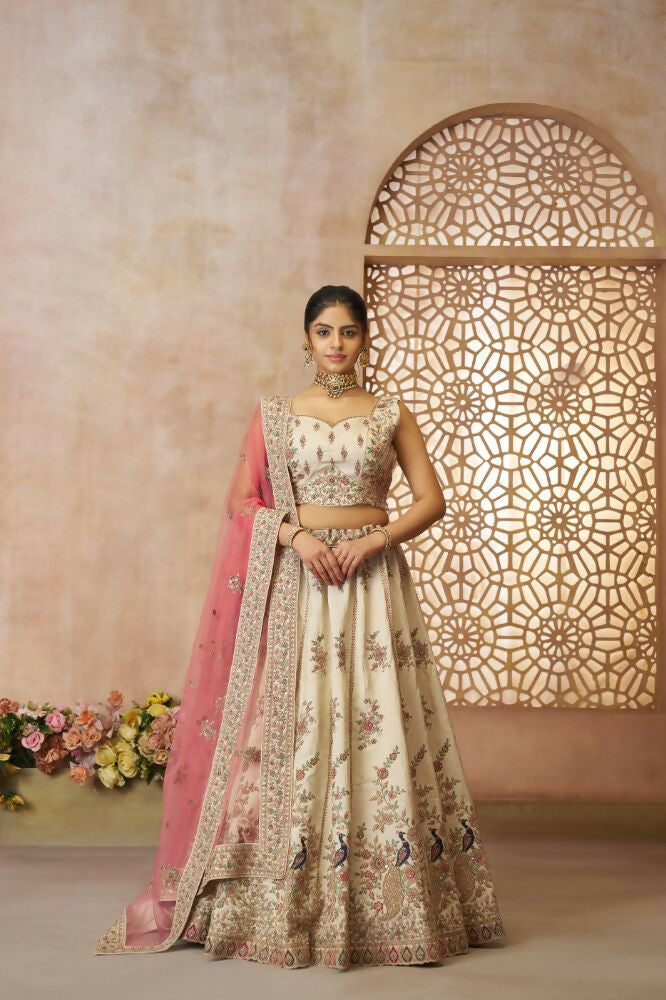 Kesar Fab White Zari Silk Hand_Woven Lehenga | Grocsy