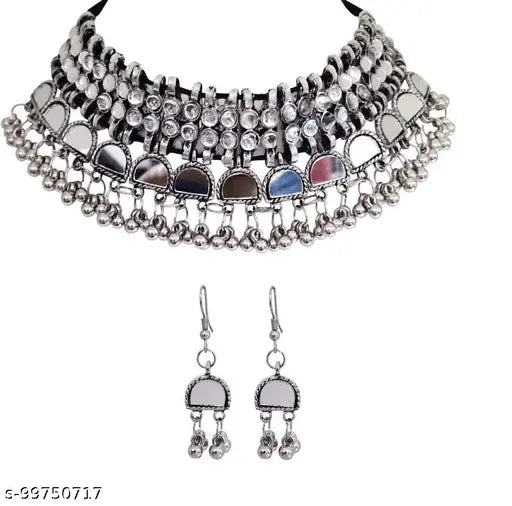 Tehzeeb Creations Women's Silver Plated Necklace Set With Mirror Design | Grocsy