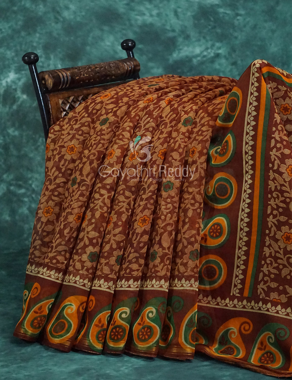 Maroon Brown Mix Floral PrintSemi Chanderi Saree By Gayathri Reddy Designer Studio | Grocsy