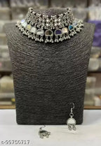 Tehzeeb Creations Women's Silver Plated Necklace Set With Mirror Design | Grocsy