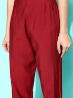 Sangria Women Maroon Ethnic Motifs Embroidered Thread Work Kurta With Trousers & Dupatta | Grocsy