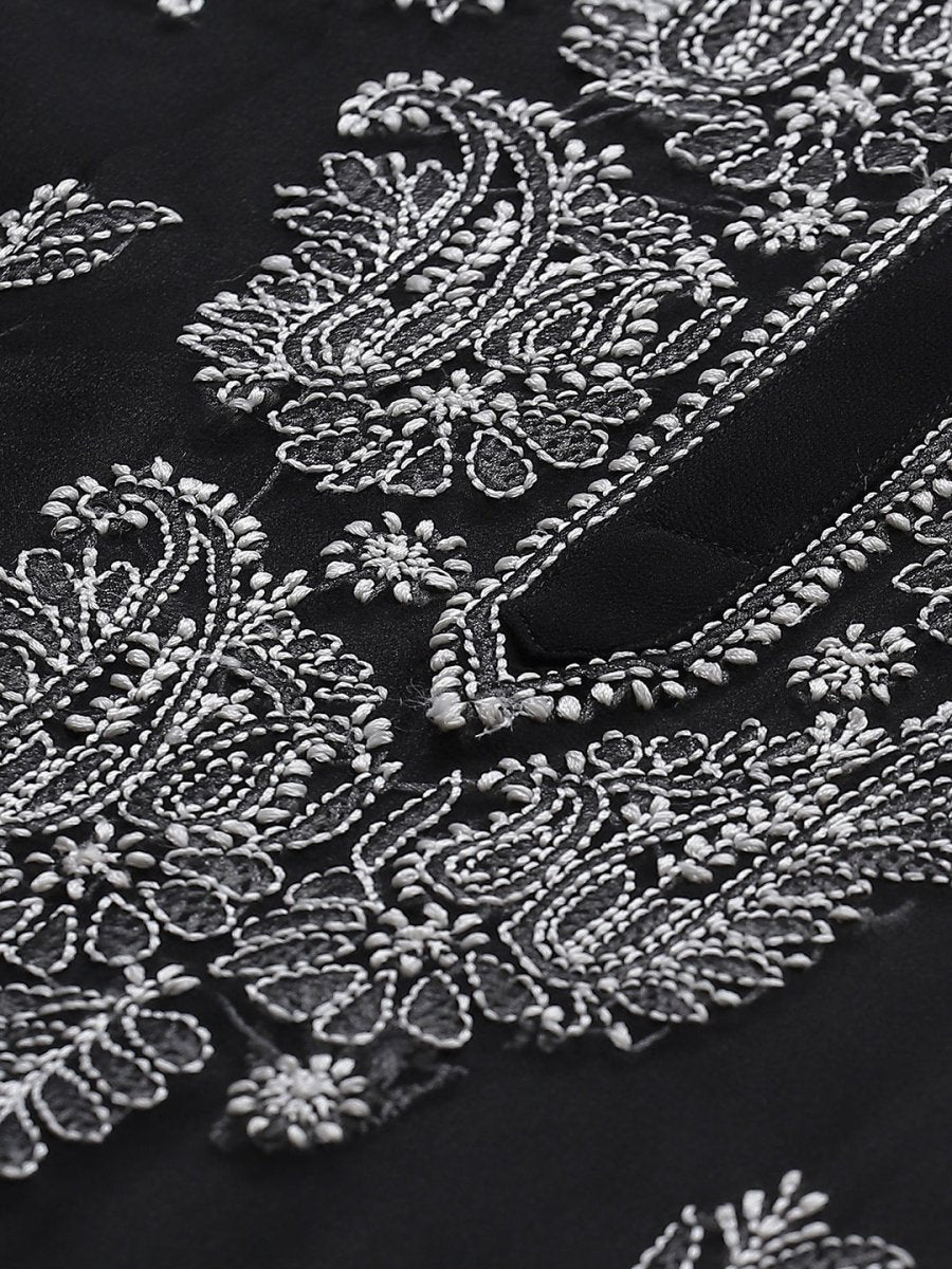 ADA Women Black & White Paisley Chikankari Embroidered Straight Handloom Kurta | Grocsy
