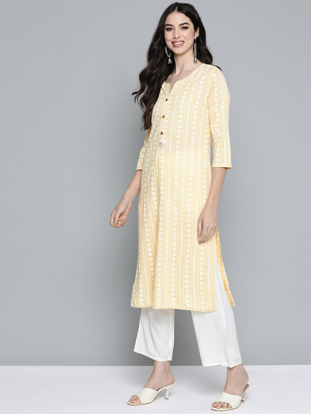 HERE&NOW Women Yellow & Off-White Printed Regular Kurta with Palazzos | Grocsy