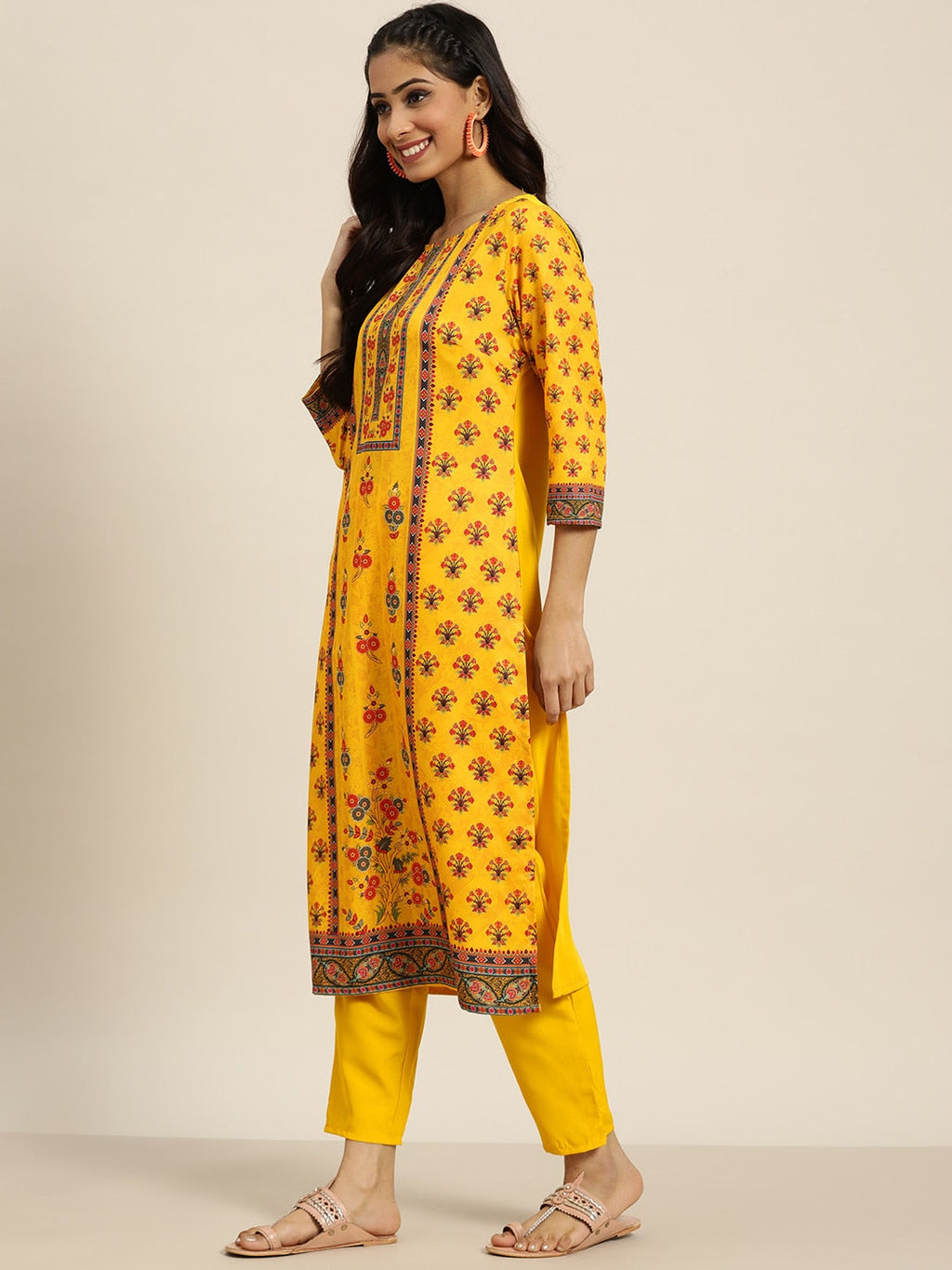 Sangria Women Yellow Ethnic Motifs Printed Kurta with Trousers | Grocsy