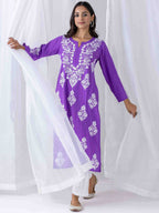 HOUSE OF KARI Floral Chikankari Embroidered Notched Round Neck Straight Kurta | Grocsy