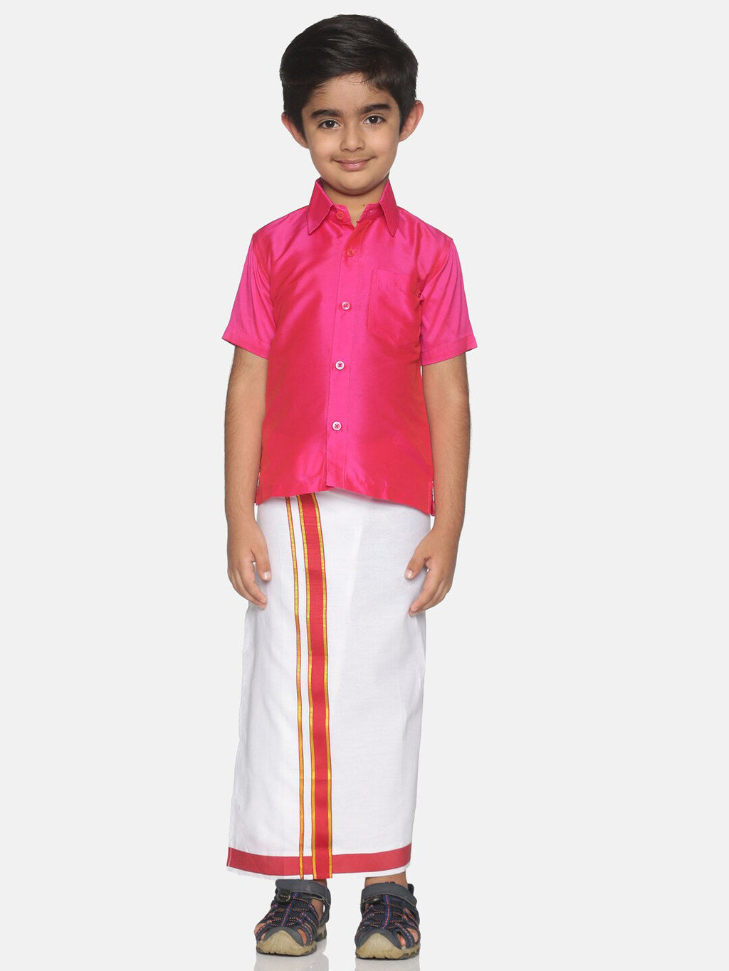 Sethukrishna Pink & White Solid Shirt and Veshti Set | Grocsy