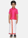 Sethukrishna Pink & White Solid Shirt and Veshti Set | Grocsy