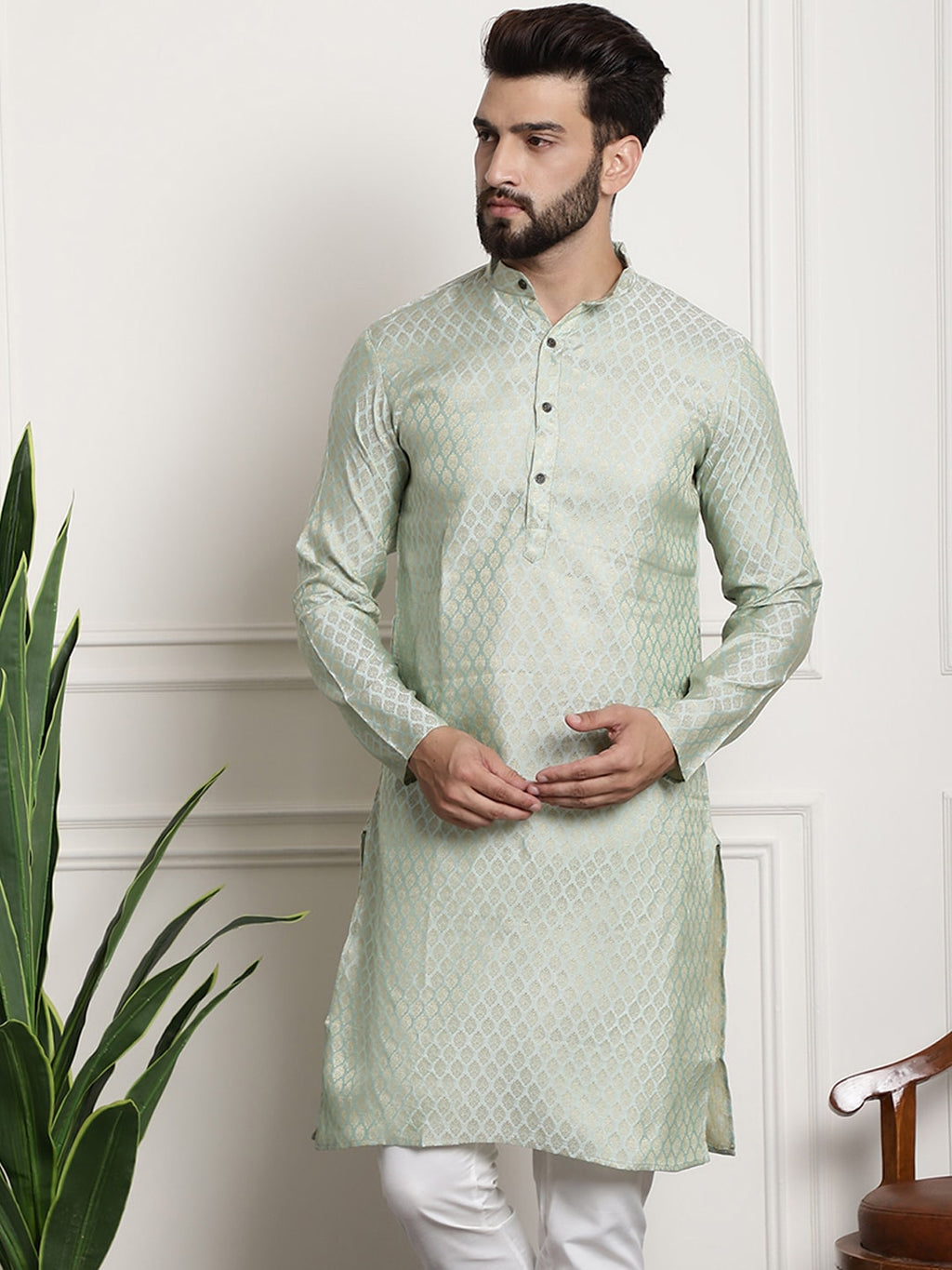Sojanya Men Green & Beige Ethnic Motifs Jacquard Woven Design Straight Kurta | Grocsy