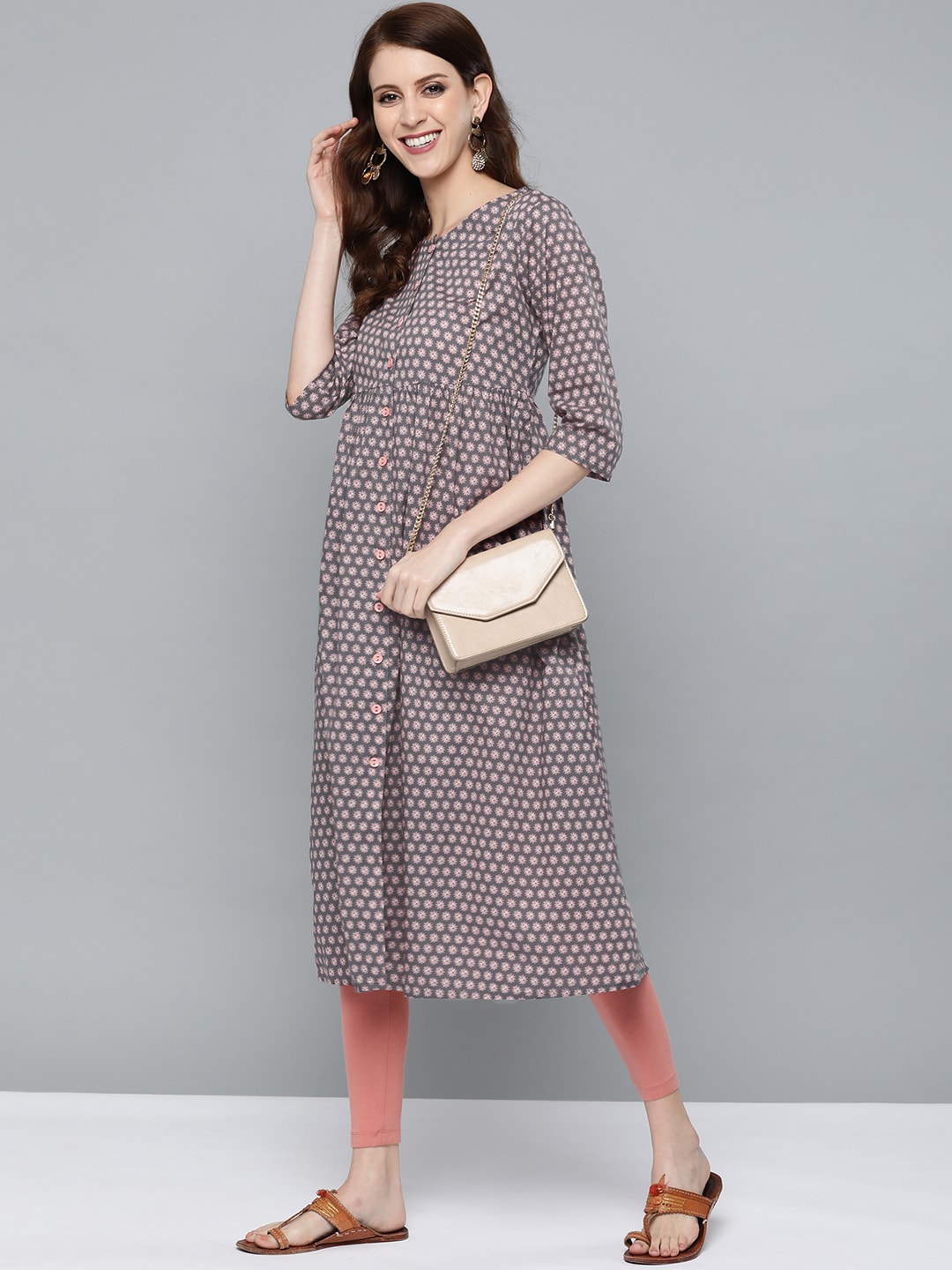 HERE&NOW Women Grey & Pink Floral Print Empire A-Line Kurta | Grocsy