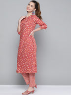 HERE&NOW Women Pink & White Floral Printed Kurta with Palazzos | Grocsy