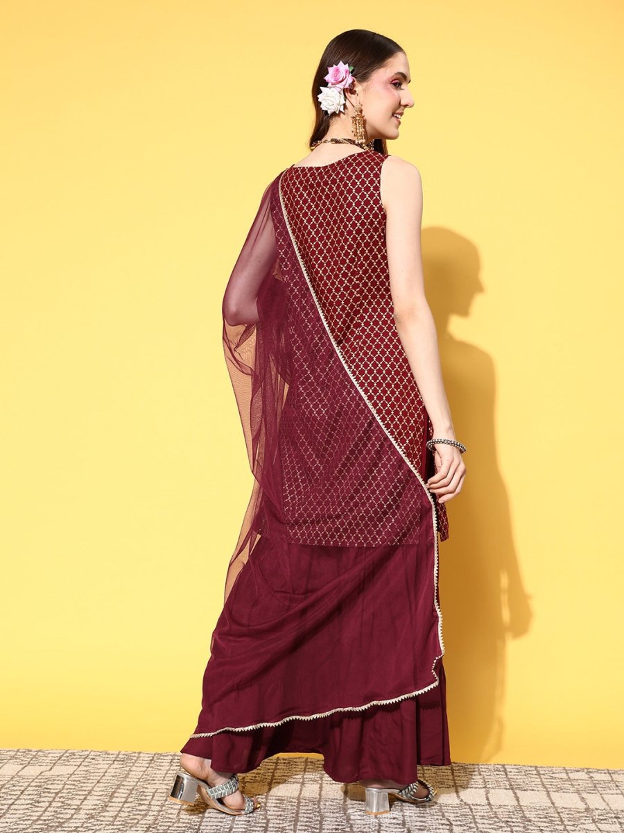 All About You Women Maroon Ethnic Motifs Printed Kurti with Fusion Bottoms & With Dupatta | Grocsy
