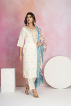 Ethnic Festive Wear Viscose Chanderi Off White Stitched Suit With Dupatta - Tanisha | Grocsy