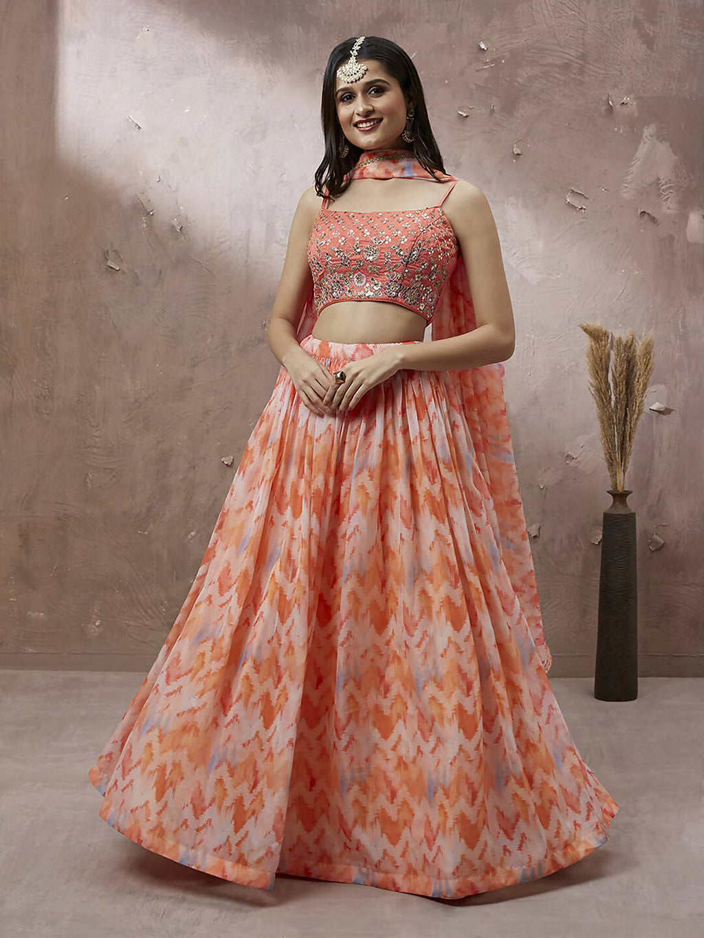 House of Panchhi Peach Organza Floral Printed Lehenga choli & Dupatta | Grocsy