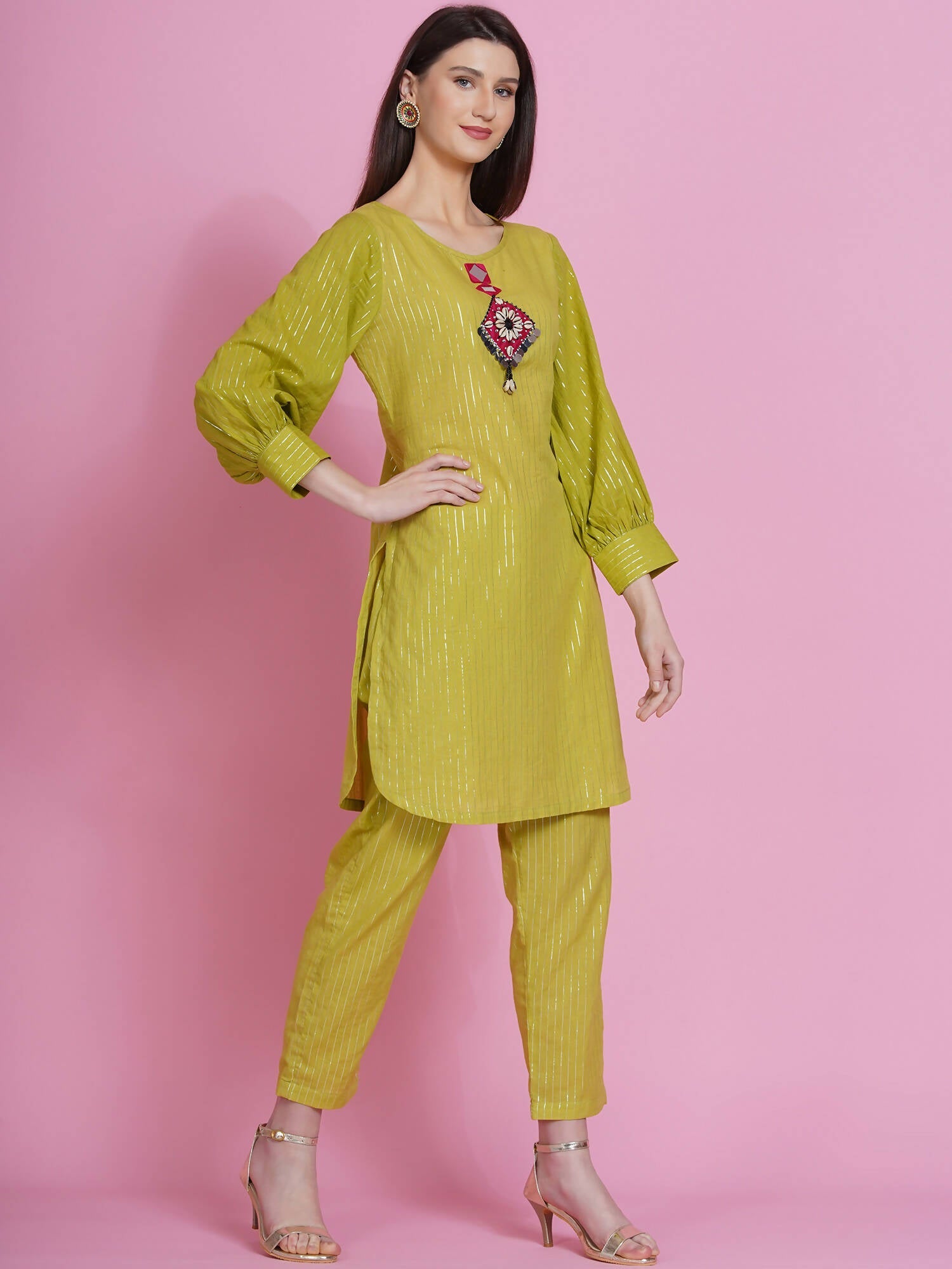Women Republic Green Lurex Cotton Hand Embroidered Kurta With Pants | Grocsy