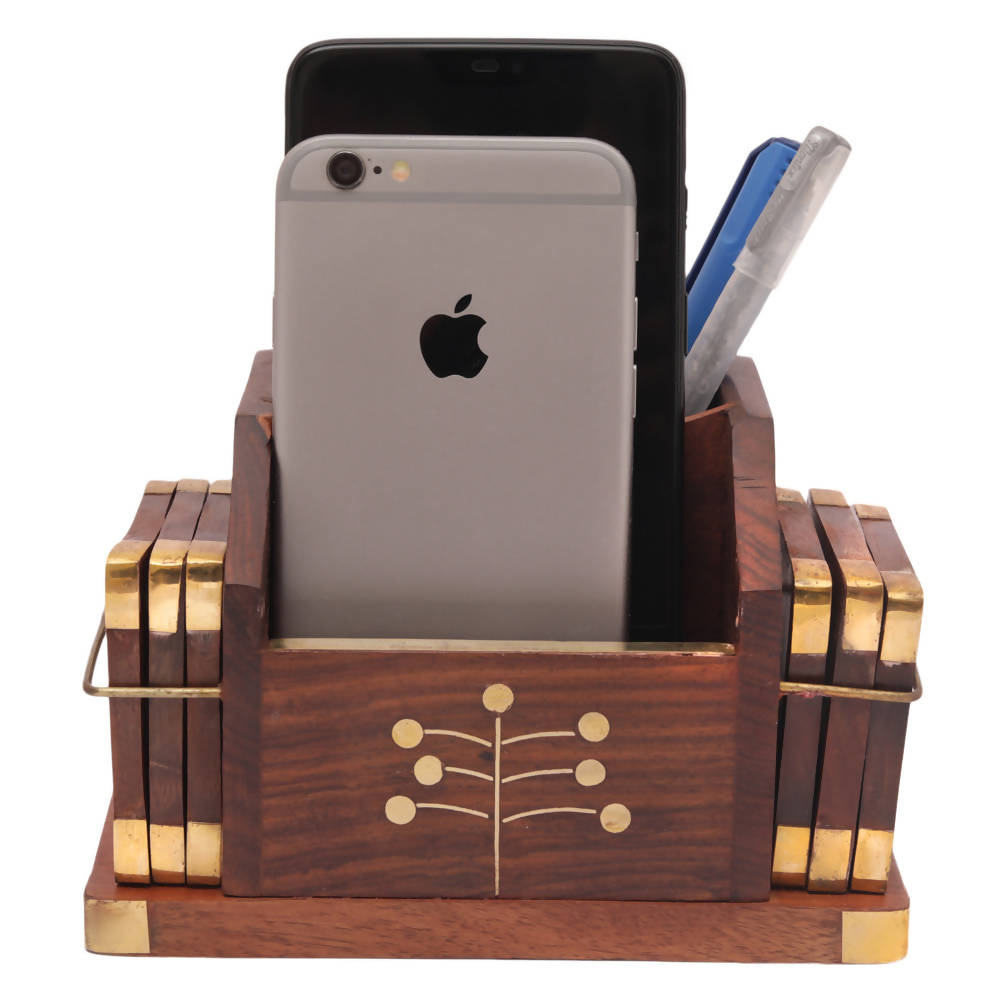 Nizalia Wooden Coaster And Pen Holder | Grocsy