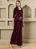 Joban Fashion Women Wine Velvet Hand Embellishment Stitched Dress | Grocsy