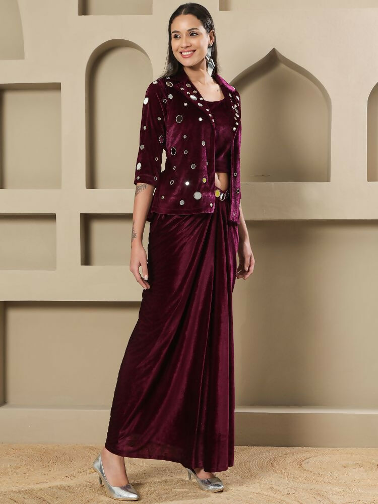 Joban Fashion Women Wine Velvet Hand Embellishment Stitched Dress | Grocsy