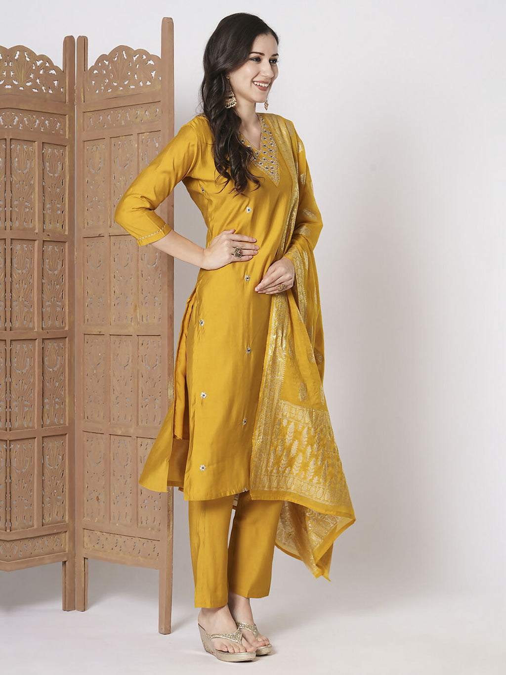 Yellow PV Chanderi Embroidery Work Kurta Set - Riya | Grocsy