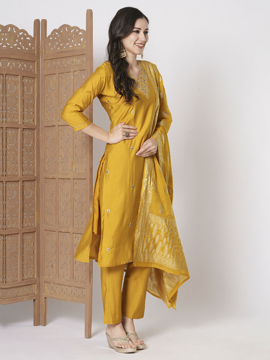 Yellow PV Chanderi Embroidery Work Kurta Set - Riya | Grocsy