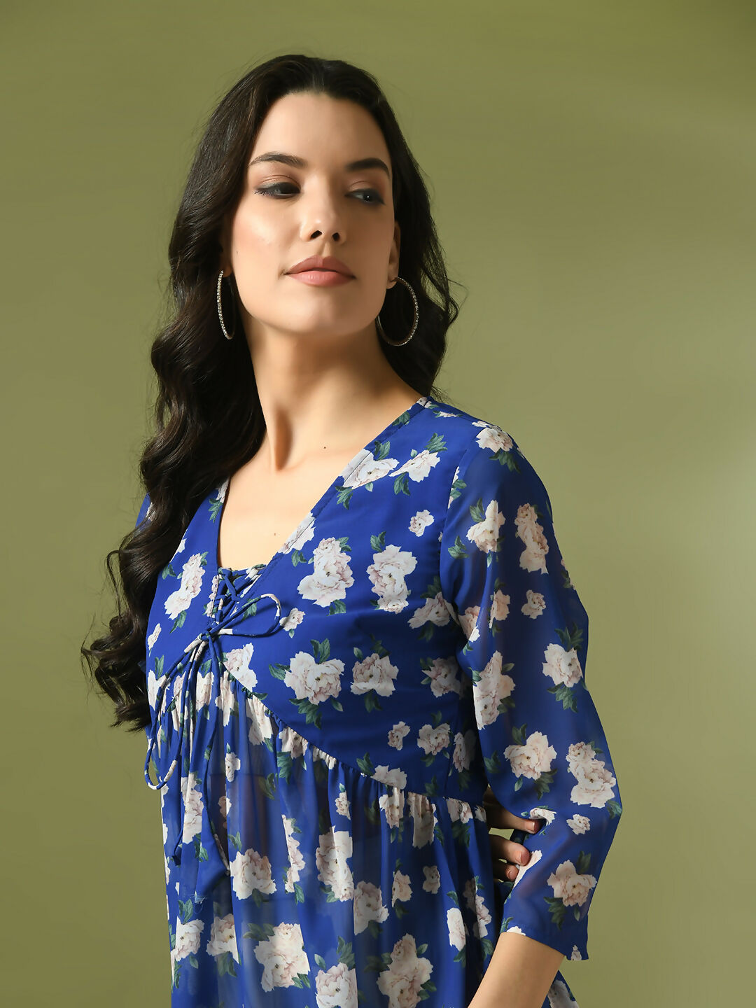 Myshka Women's Blue Printed Georgette A-Line Nyra-cut Kurta | Grocsy
