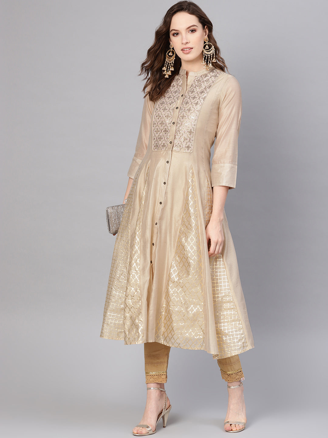 Juniper Womens Beige Chanderi Sequin Embroidered Kalidar Kurta Dress | Grocsy