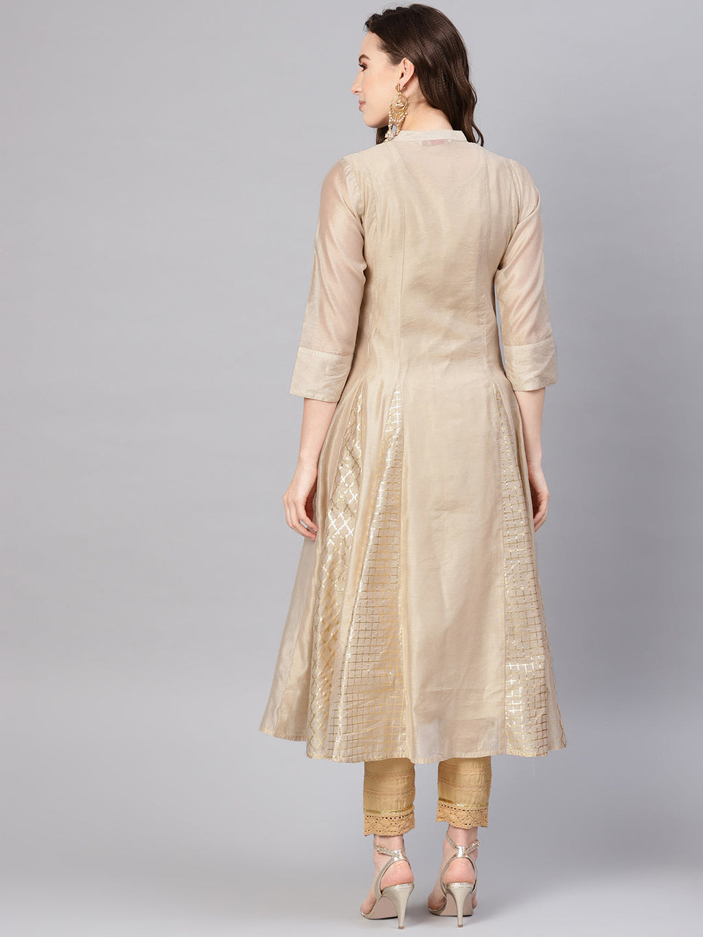 Juniper Womens Beige Chanderi Sequin Embroidered Kalidar Kurta Dress | Grocsy