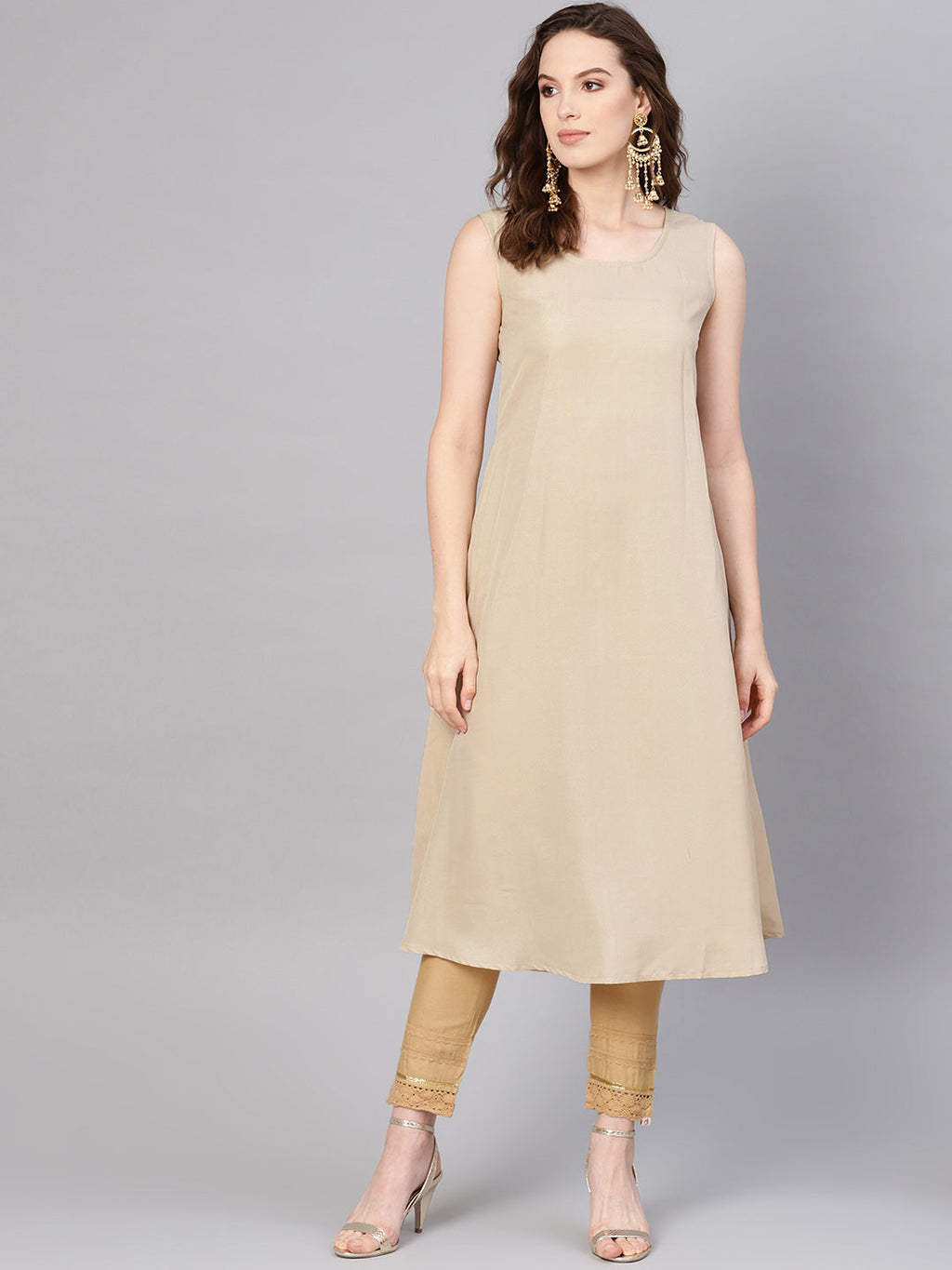 Juniper Womens Beige Chanderi Sequin Embroidered Kalidar Kurta Dress | Grocsy
