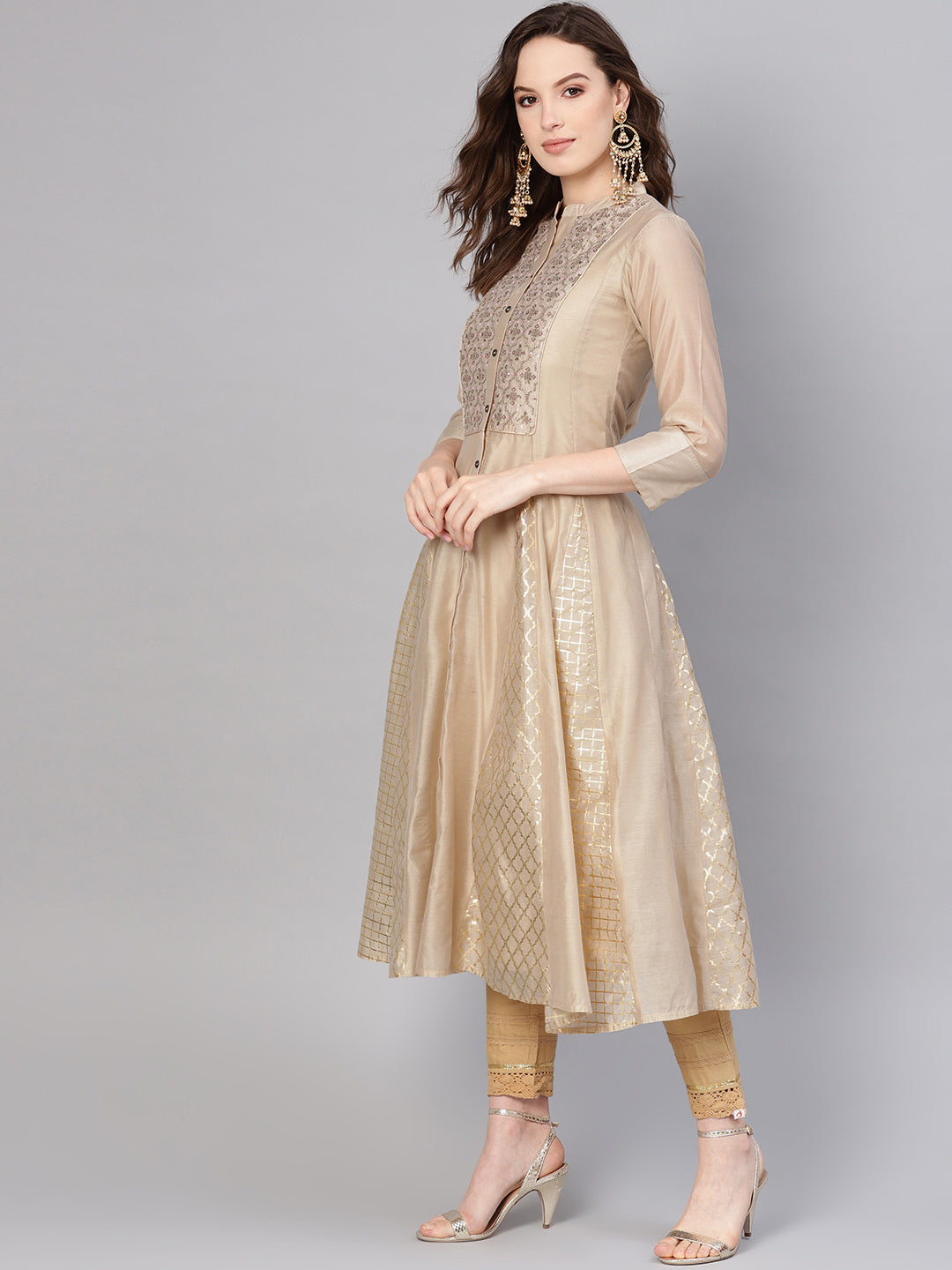 Juniper Womens Beige Chanderi Sequin Embroidered Kalidar Kurta Dress | Grocsy