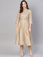 Juniper Womens Beige Chanderi Sequin Embroidered Kalidar Kurta Dress | Grocsy