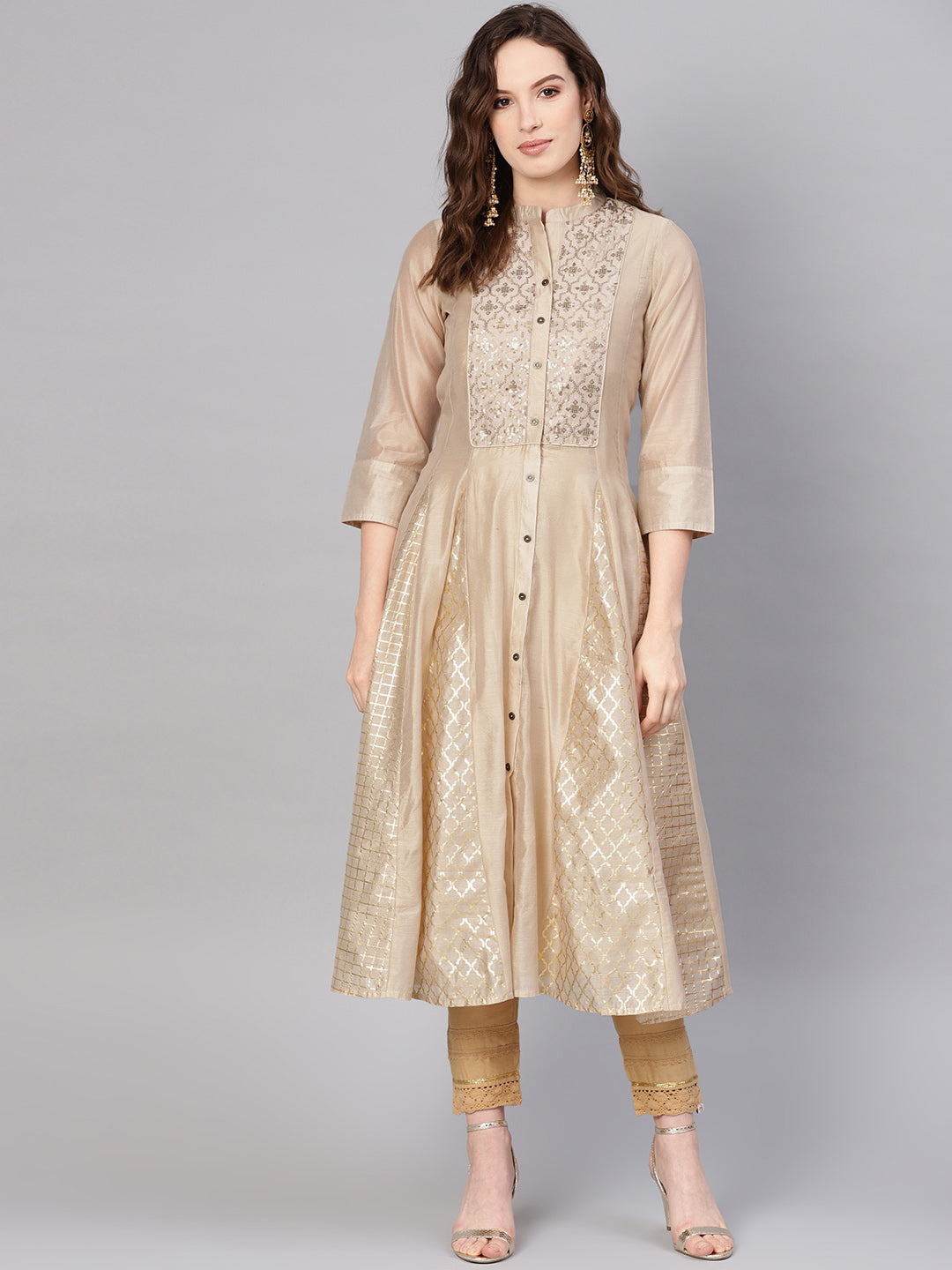 Juniper Womens Beige Chanderi Sequin Embroidered Kalidar Kurta Dress | Grocsy