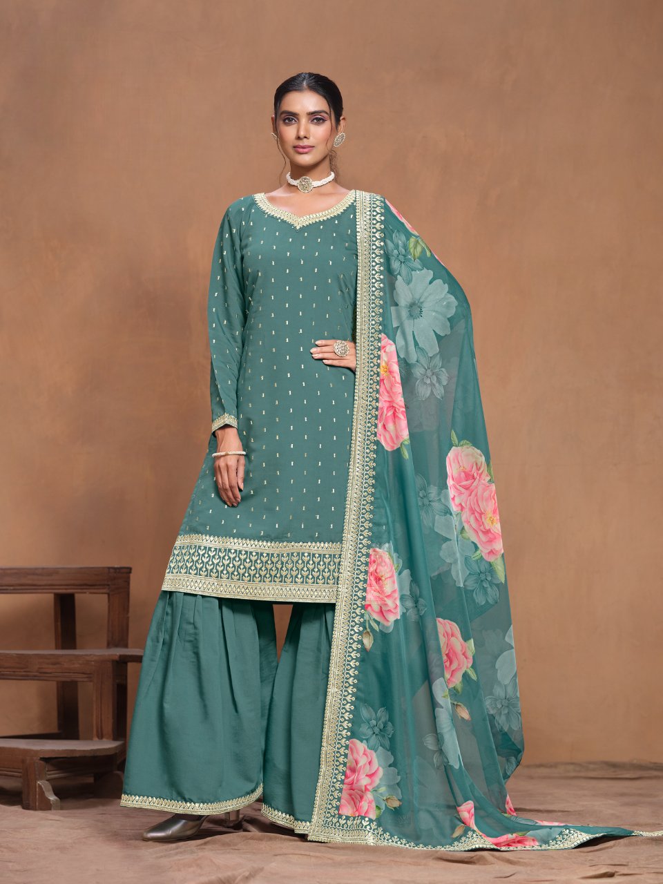 Anaita Teal Embroidered Roman Silk Sharara Suit | Grocsy