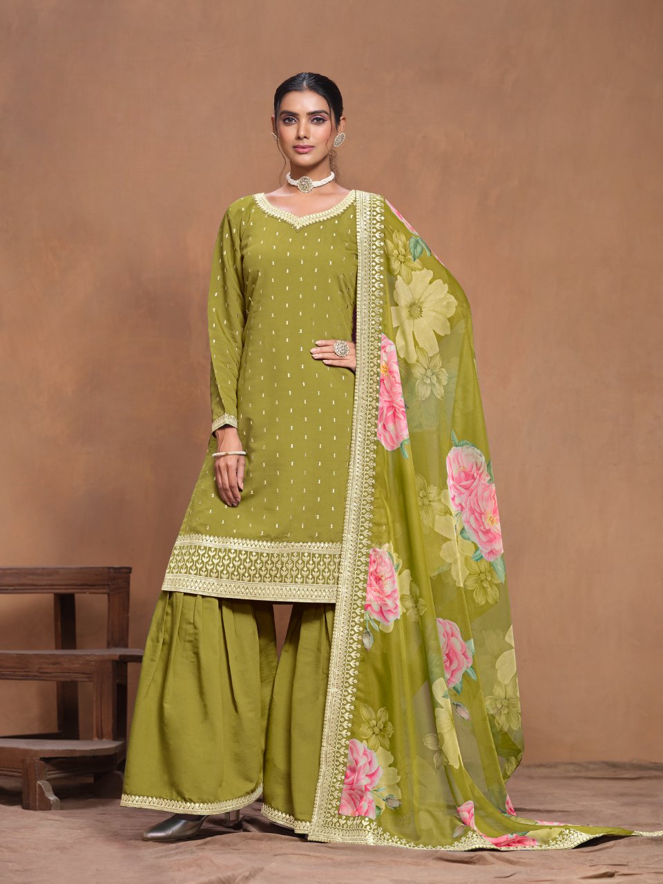Anaita Green Embroidered Roman Silk Sharara Suit | Grocsy