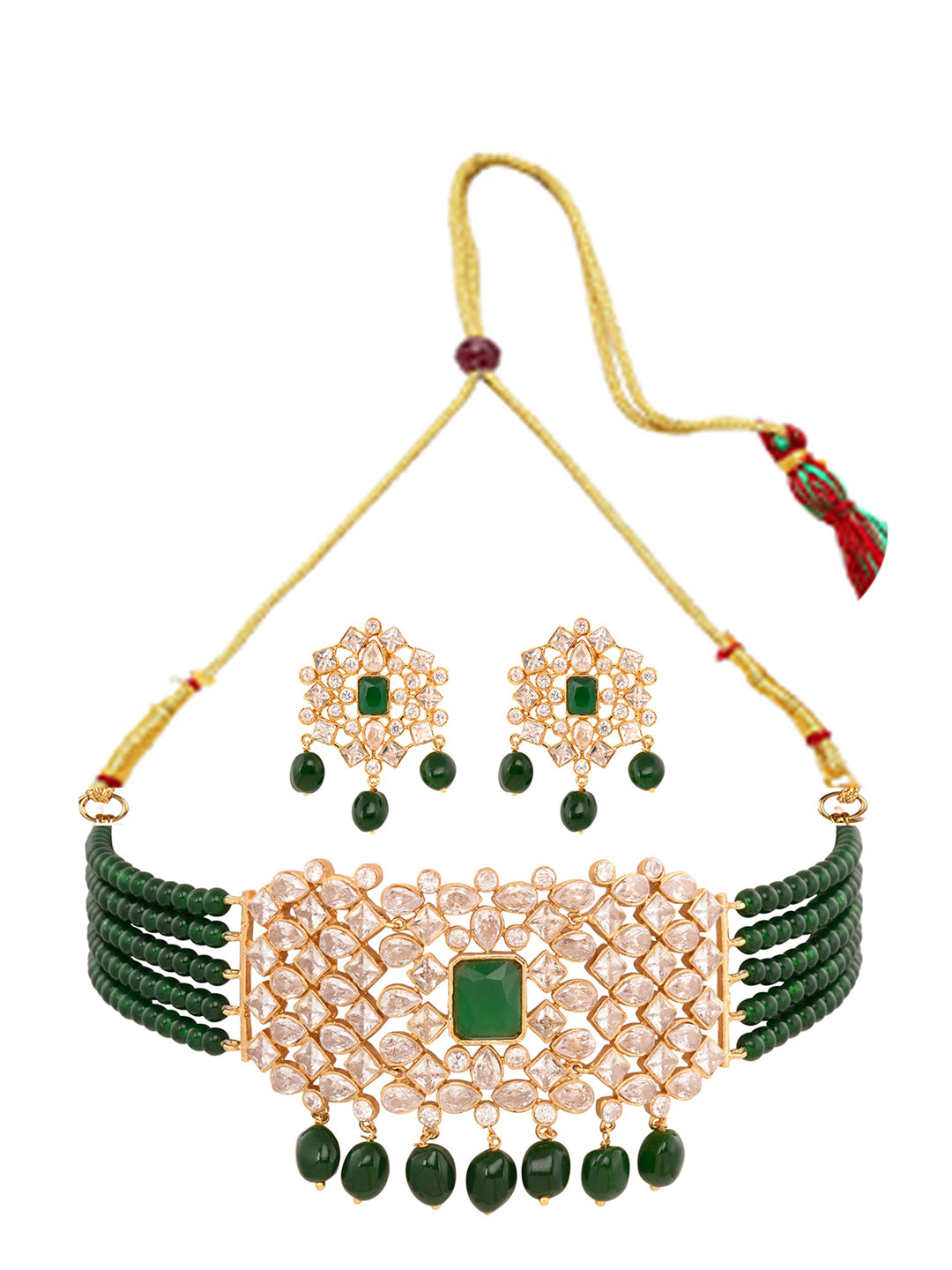Saraf RS Jewellery Gold-Polished White & Green American Diamond Studded Choker Jewellery Set | Grocsy