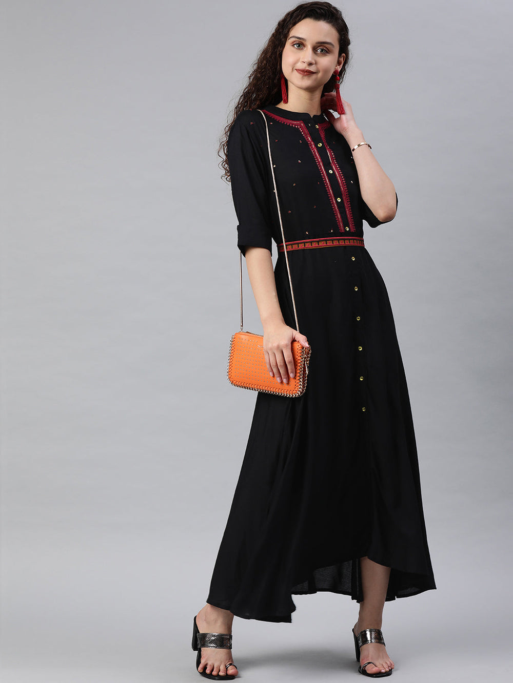 Juniper Women's Black Rayon Embellished Flared Dress | Grocsy