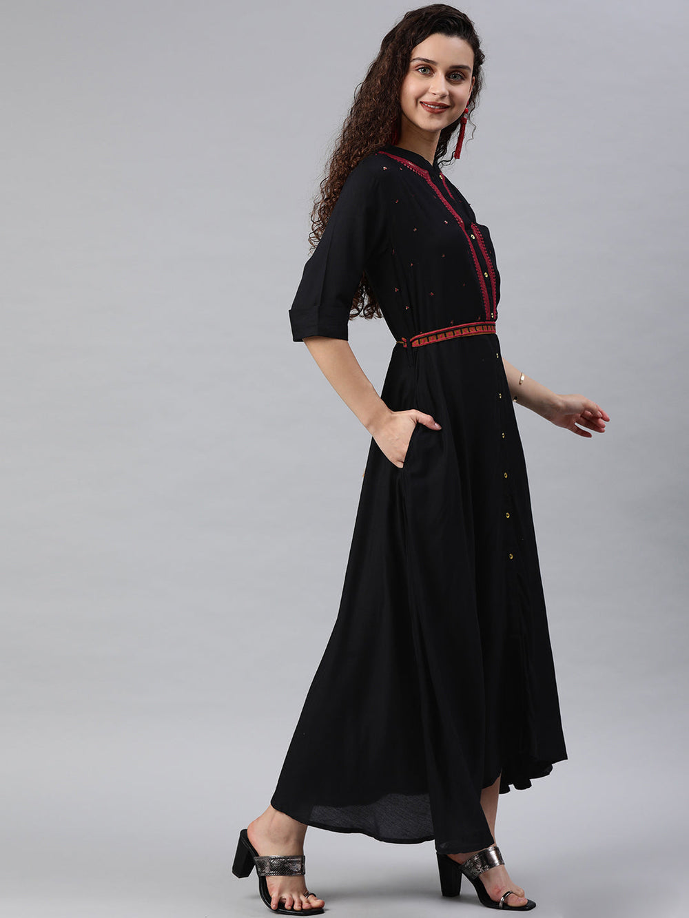 Juniper Women's Black Rayon Embellished Flared Dress | Grocsy