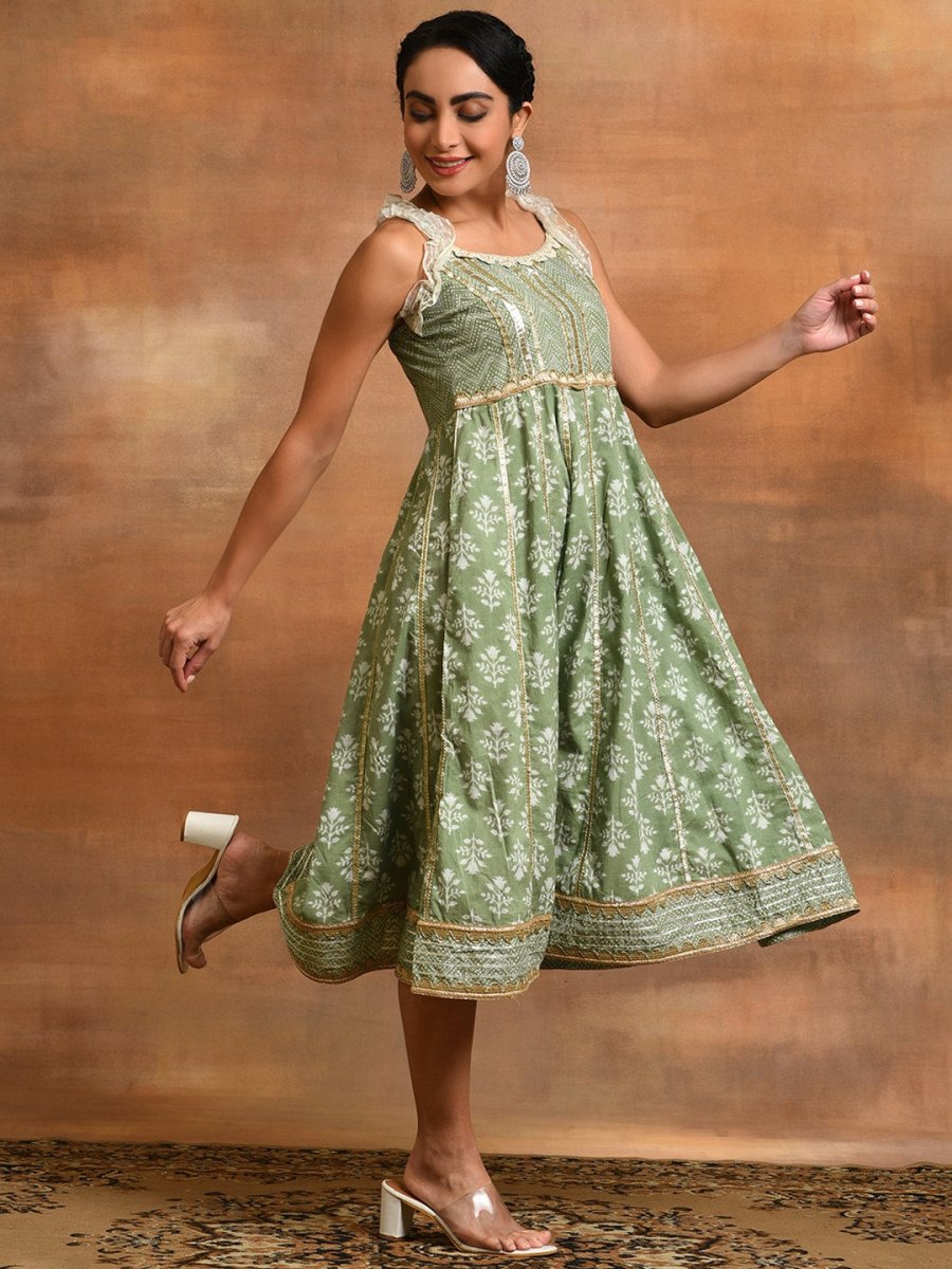 Aks Ethnic Motifs Printed Gotta Patti Pure Cotton Anarkali Kurta | Grocsy