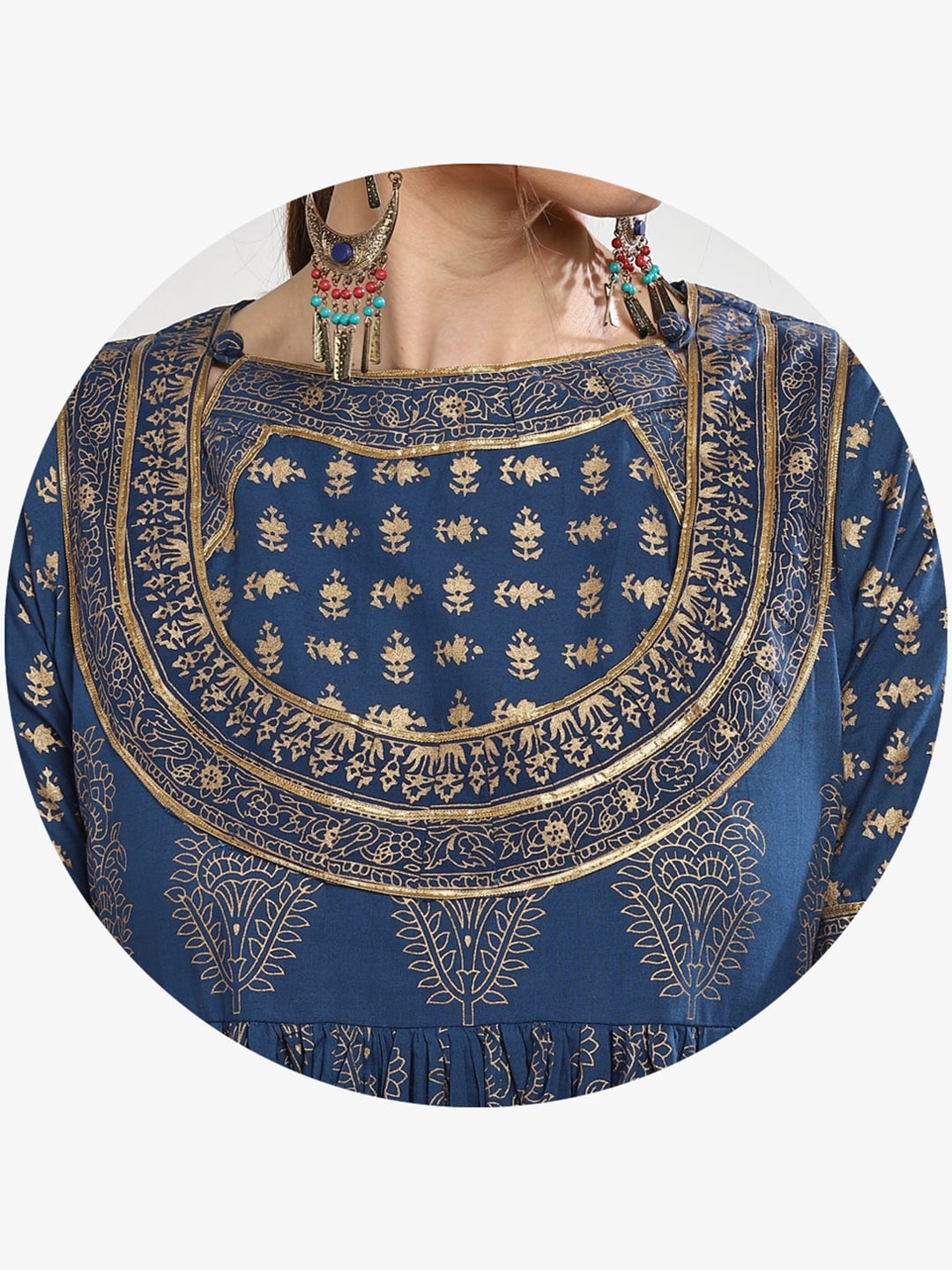 Sangria Women Navy Blue & Gold-Coloured Printed Anarkali Kurta | Grocsy