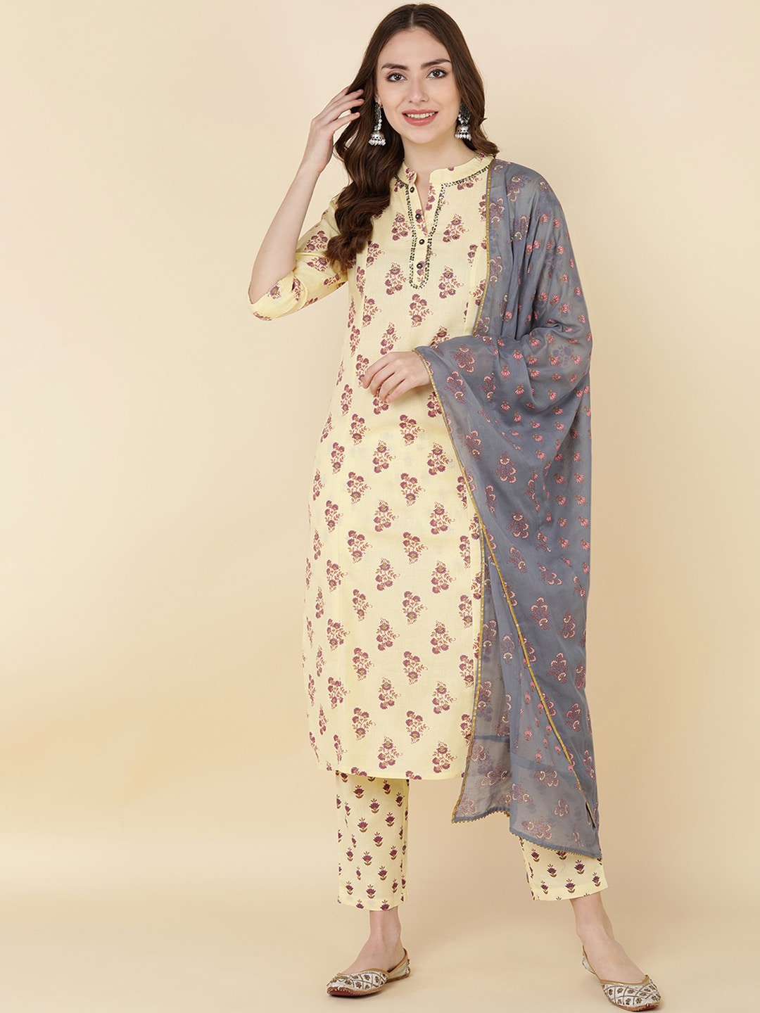 HERE&NOW Women Mustard Yellow Ethnic Motifs Printed Kurta with Trousers & With Dupatta | Grocsy