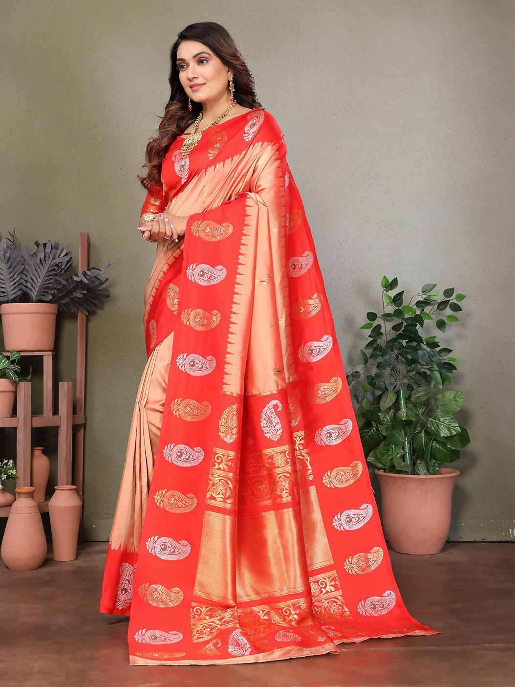 Joban Fashion Banarasi Peach Butti Soft Silk Saree | Grocsy