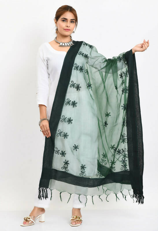 Mominos Fashion Moeza Women's Orgenza All Over Chikan Work Bottle Green Dupatta | Grocsy