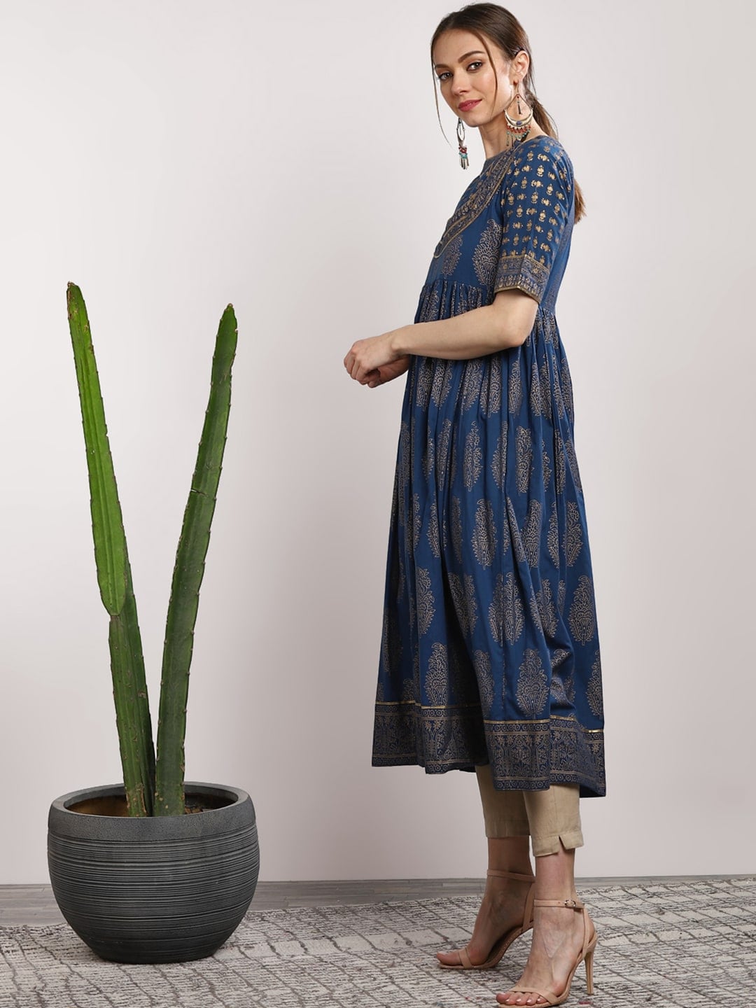 Sangria Women Navy Blue & Gold-Coloured Printed Anarkali Kurta | Grocsy