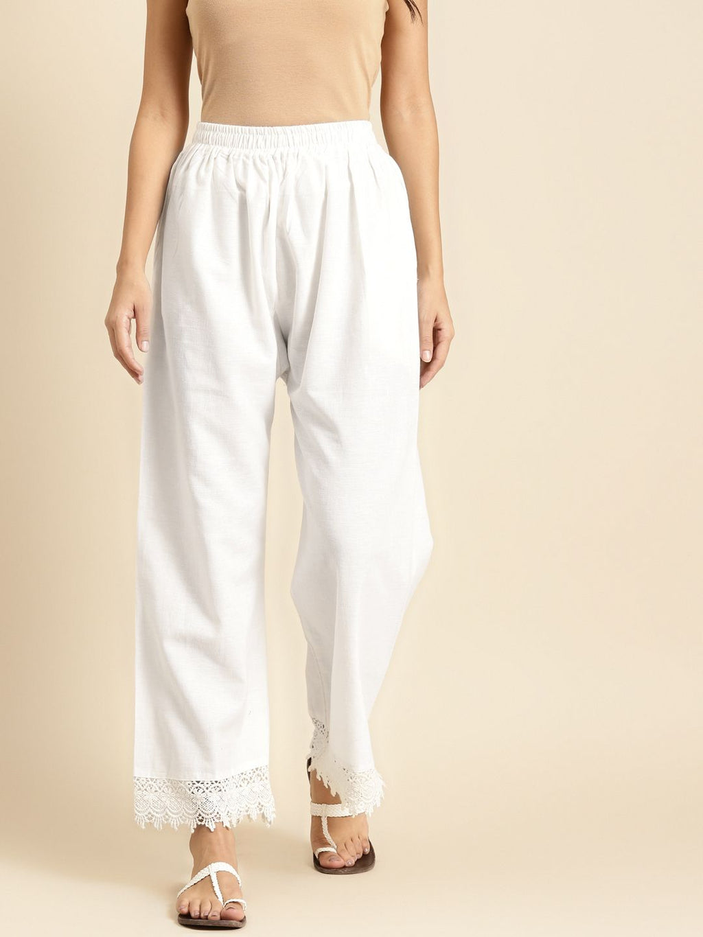 TAG 7 Women White Solid Hem Design Straight Palazzos | Grocsy